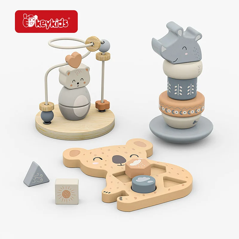 Wooden Baby Activity Toy Set with Bear Bead Maze, Rhino Stacker and Koala Shape Sorter - 3-in-1 Developmental Play Set W12F230